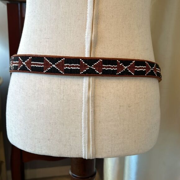 Vintage Leather Brown Red Black Southwestern Boho Hand Beaded Belt - Picture 1 of 7